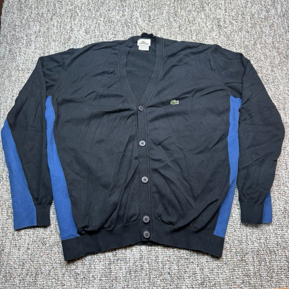 Lacoste Sweater Cardigan Mens Fits XL Cotton V Neck Knit Croc Logo Black Blue